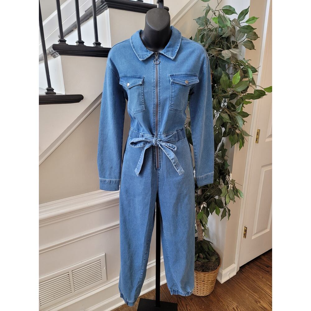 Swank Denim Jumpsuit Women's Size Medium Blue Long Sleeves Zip Front Romper